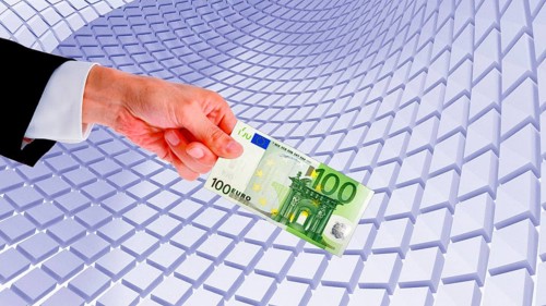 Symbolic image, hand extends 100-euro note, Wall Street and Dax upswing, President Trump's erratic