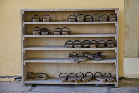 Wooden shelf with traditional sandals in the mosque, Ibrahim Pasha Mosque, Old Town, Turkish