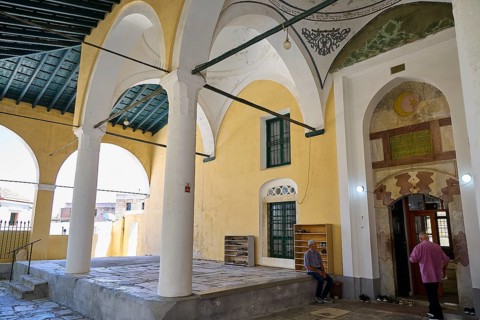 Historic mosque courtyard with vaulted arcades, Ibrahim Pasha Mosque, Old Town, Turkish Quarter,