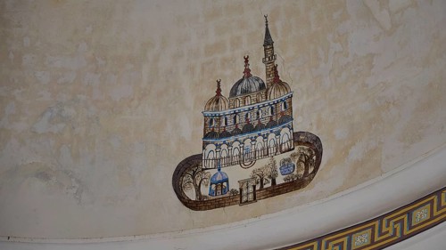 Historical fresco with mosque image on a domed wall, Ibrahim Pasha Mosque, Old Town, Turkish