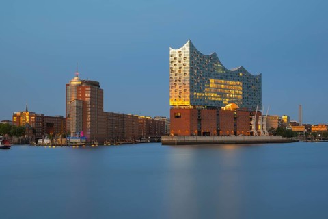 View over the Norderelbe to the Elbphilharmonie in the evening light, long exposure, Hamburg,
