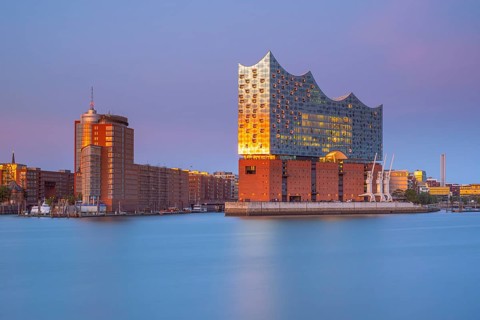 View over the Norderelbe to the Elbphilharmonie in the evening light, long exposure, Hamburg,