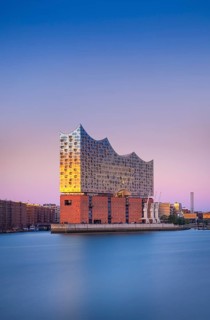 View over the Norderelbe to the Elbphilharmonie in the evening light, long exposure, Hamburg,