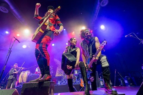 Eugene Hütz, left, singer and guitarist, Gogol Bordello, folk-punk band, USA, live on Fall 2025