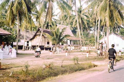Traditional village houses in coconut palm trees, boys and young men playing Sepak Takraw foot