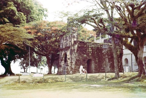 Porta de Santiago, historic Portuguese gateway of A Famosa fortress, Malacca or Melaka, Malaya,