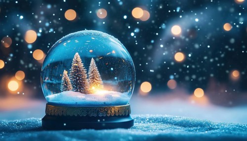 Elegant Christmas Snow Globe In Evening Night Wishes With Falling Snow And Soft Focus Blue Abstract