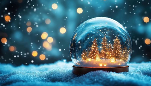 Enchanting Christmas Snow Globe In Evening Night With Falling Snow And Abstract Blue Defocused