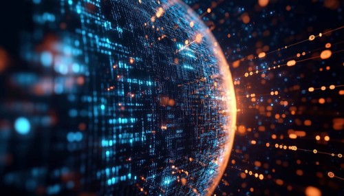 Digital Image Of Globe With Binary Coding And Data Processing On Dark Background: Global Artificial