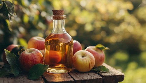 Fresh Apples And Apple Cider Vinegar In Glass Bottle - A Perfect Combination For Health And Flavor