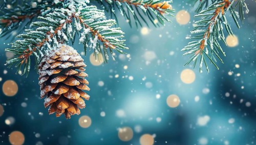 Christmas Fir Branch Adorned With Pine Cone And Snow Flakes For The Holiday Season - A Festive