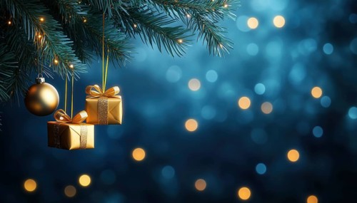 Festive Scene: Christmas Tree Nestled In Bauble On Fir Branch Amidst Blue Abstract Night Sky With