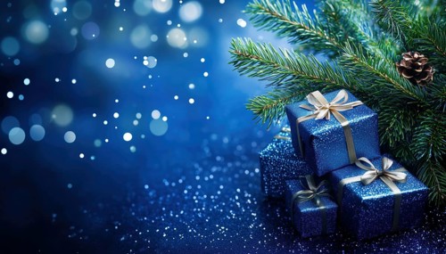 Festive Decor: Ornamented Christmas Tree With Presents On A Pine Branch Against A Blue Abstract