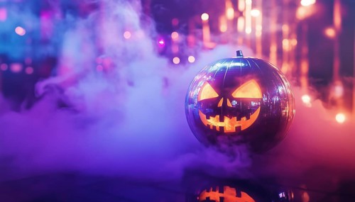 Glowing Halloween Mirror Ball In Pumpkin Disco: Spooky Sphere, Nightclub Atmosphere, Smoke,