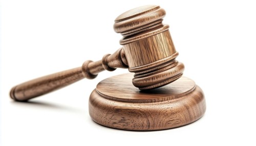 Wooden Judge'S Gavel For Adjudication On White Background: Auction Hammer With Stand For Law And