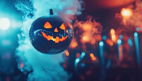 Spooky Halloween Mirror Ball In Disco Pumpkins With Face Reflected On Sphere In Nightclub Amid
