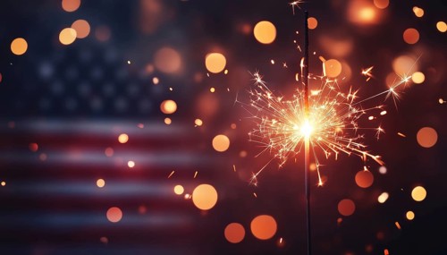 Abstract Defocused Lights On American Flag With Sparkler For 4th Of July Independence Day And