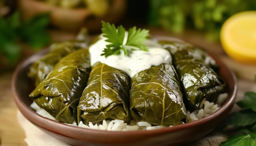 Mouthwatering Dolma Sarma: Grape Leaves Stuffed With Rice, Served With White Yogurt Sauce.
