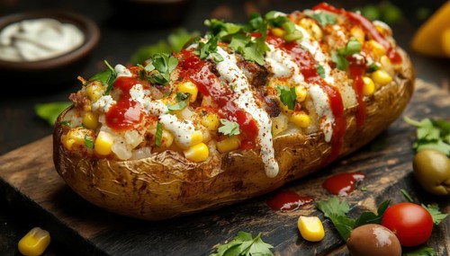 Traditional Turkish Kumpir: Baked Potato Loaded With Cheese, Corn, Sausage, Ketchup, Mayonnaise,
