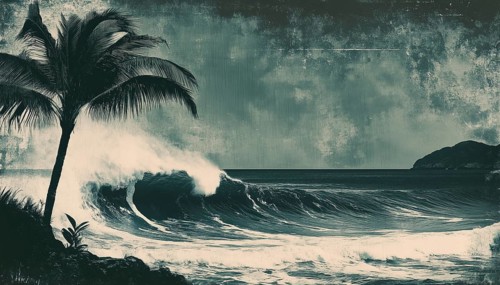 Monochrome Rockstar Coconut Palm Tree Wave Ocean Board Surf Summer In Mezzotint Photocopy Style For