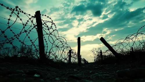 Silhouette Of Barbed Wire And Wooden Stake On The Ground: Elements Of Trench Warfare In A