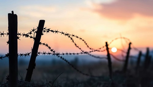 Silhouette Of Barbed Wire And Wooden Stake On The Ground: Elements Of Trench Warfare Depicted In