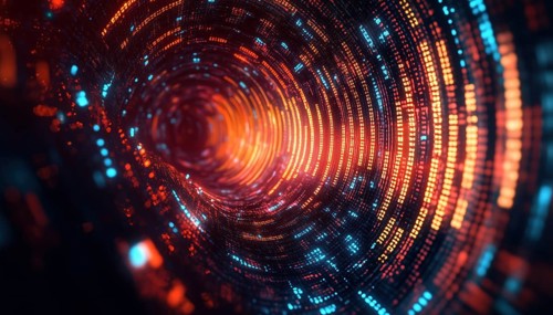 Digital Artwork Featuring Loading Circles, Computer Language, And Abstract Patterns On Gradient