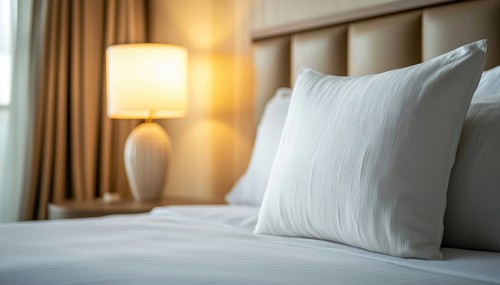 Luxurious White Pillow And Elegant Lamp In Hotel Bedroom Interior With Warm White Balance