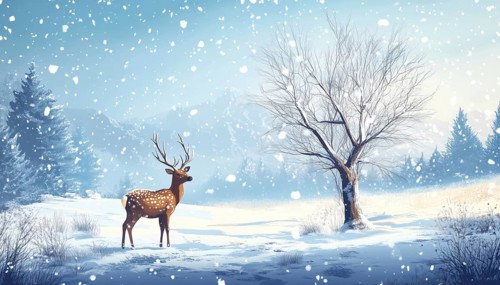 Abandoned Tree Standing In Snowy Winter Landscape With Deer And Fawn, All Surrounded By Falling