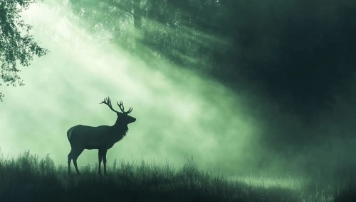 Enchanting Misty Forest Scene: Deer Silhouette In Meadow With Trees And Grass In Green And Black.