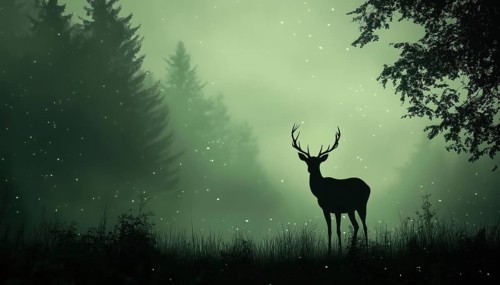 Forest Meadow: Enchanting Deer Silhouette Amongst Trees, Grass, And Mist. Green And Black Magical