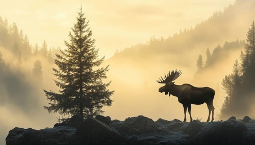 Majestic Moose Silhouette On Hill With Tree, Mountains, And Forest In Enchanting Misty Landscape.