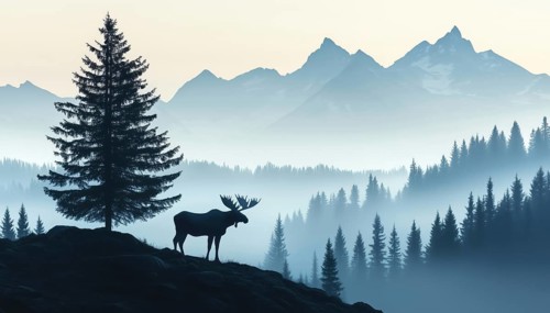Majestic Moose Silhouette On Hill With Tree, Mountains, And Forest In Enchanting Misty Landscape.