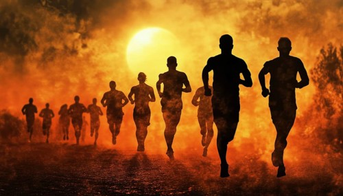 Silhouettes Of Runners In A Marathon Under The Bright Sun: A Striking Scene Of Shadowed Athletes