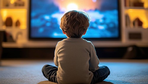 Little Boy Sitting On Floor Watching Tv At Home, Rear View. Tv Screen Showing Photo Of The Author