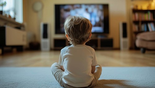 Young Boy Sitting On The Floor, Watching Tv At Home From Behind. Tv Screen Displays A Photo Of A