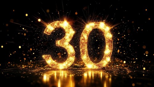 Glowing Golden Number 30 On A Black Background: Stunning Overlay For Birthday And Anniversary
