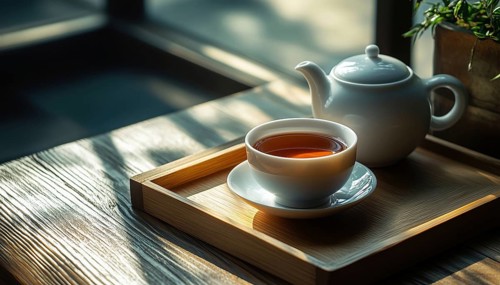 Close-Up Shot Of Teapot And Cup Of Tea On A Wooden Tray, Capturing The Details And Texture Of The