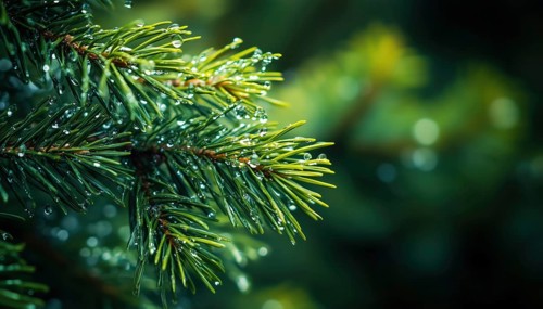 Close-Up Of Wet Pine Branches With Raindrops And Blurred Background Of Needles, Twigs, And Drops