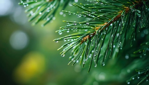 Close-Up Of Wet Pine Branches After Rain With Raindrops On Pine Needle, Natural Blurred Background