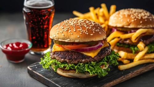 Tasty Homemade Burgers, Crispy French Fries, And Refreshing Cola Displayed On A Gray Background