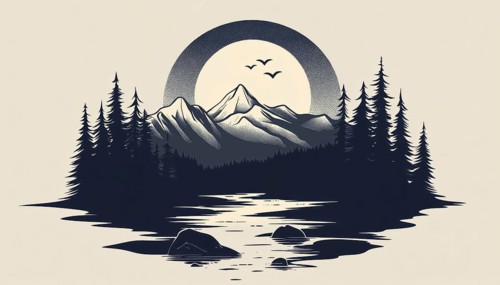 Nature-Inspired Mono Art: Mountains, Trees, Camping, Patch Badge, Emblem, T-Shirt, AI generated