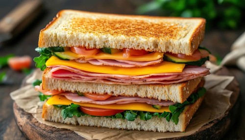 Classic Ham And Cheese Double Sandwich With Fresh Vegetables On Whole Wheat. Close-Up, Vertical