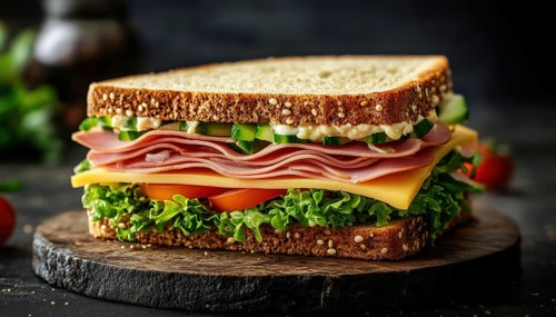 Delicious Double Cheese And Ham Sandwich With Fresh Vegetables On Brown Bread. Up-Close Vertical