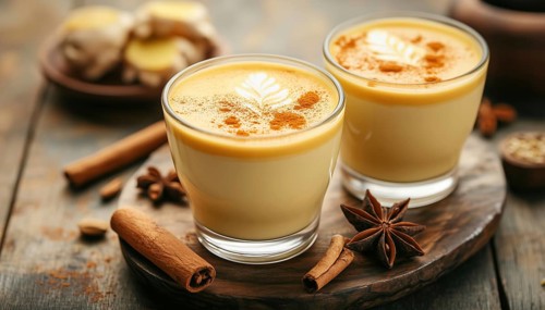 Healthy Latte With Turmeric, Cinnamon, And Anise Served In Two Glasses On A Wooden Table - A