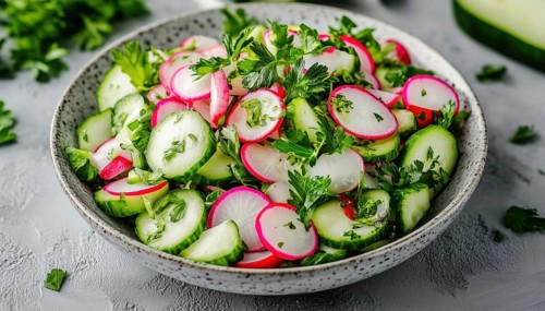 Top View Close-Up Of A Delicious Vegetable Salad With Radish, Cucumber, And Herbs On A Gray Plate,