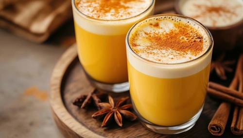 Healthy Turmeric Latte With Cinnamon And Anise Served In Wooden Glasses. Energizing Coffee Infused