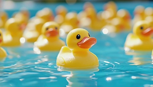 Yellow Rubber Ducks Swim In Circles In A Pool With Selective Focus, Capturing Playful Movement In A