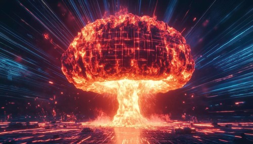 Explosive Atomic Mushroom Cloud Rising In Retro Cyberpunk 80s Sci-Fi Futuristic Setting With Laser