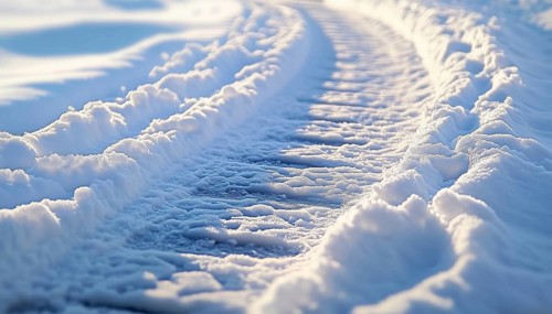 Close-Up View Of Tire Tracks On Snow-Covered Streets: Capturing The Trail Left Behind By Vehicles